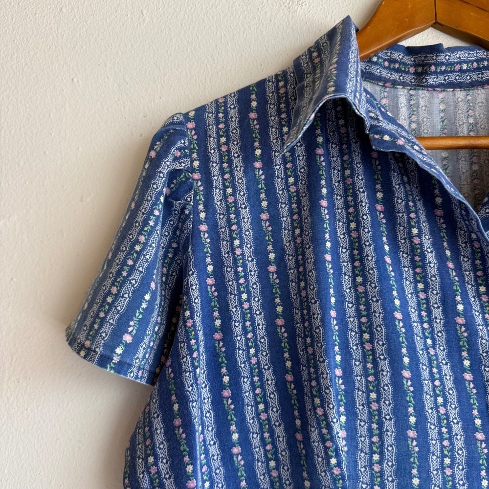 Vintage Handmade Womens XL Blue Floral Stripe Short Sleeve Shirt Dress Pockets